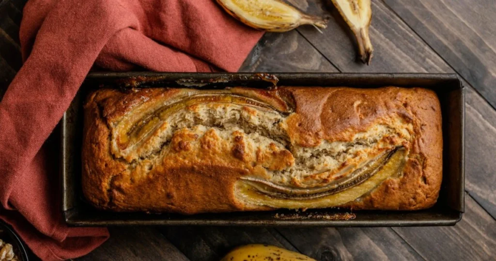 A freshly baked loaf of banana bread, sliced and ready to serve, with a golden-brown crust and soft, moist interior.