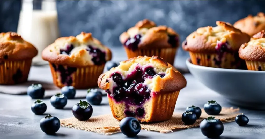 Freshly baked blueberry muffins with a golden-brown top and scattered blueberries peeking through the fluffy texture, arranged on a cooling rack.