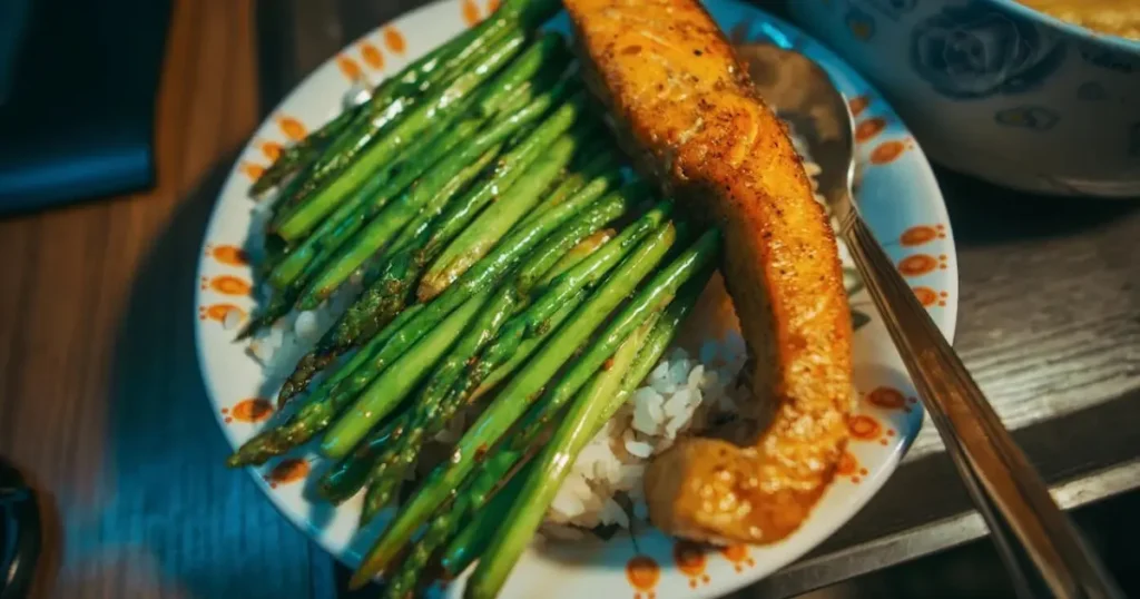 Healthy and delicious Grilled Salmon with Rice and Asparagus, ready to enjoy