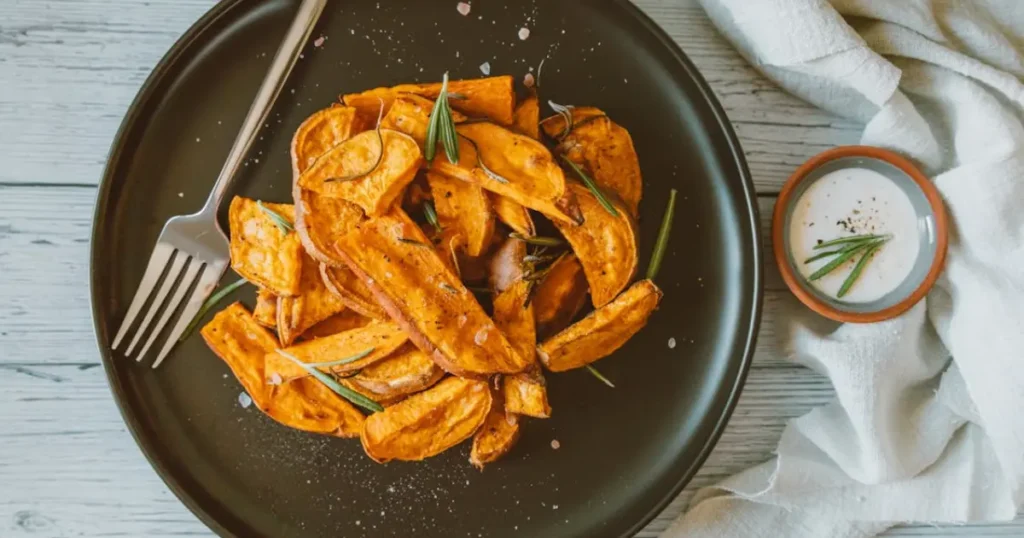 Plate of crispy roasted sweet potato wedges with rosemary, seasoned with salt and pepper.