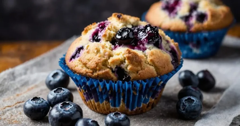 A batch of freshly baked blueberry muffins on a cooling rack, with golden tops and vibrant blueberries visible inside.