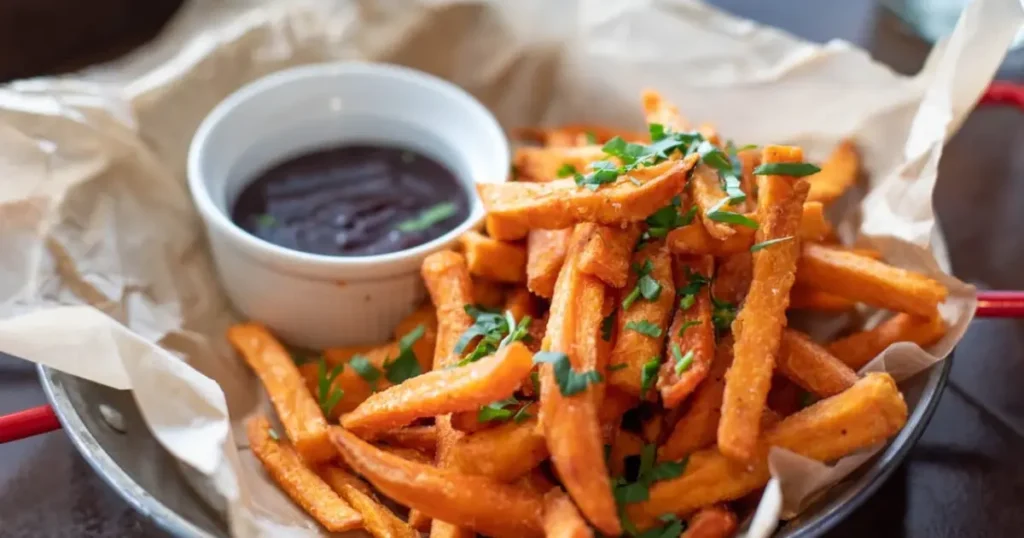 Golden fried sweet potatoes with rosemary, served on a rustic wooden plate – a perfect blend of crispy and aromatic flavors.