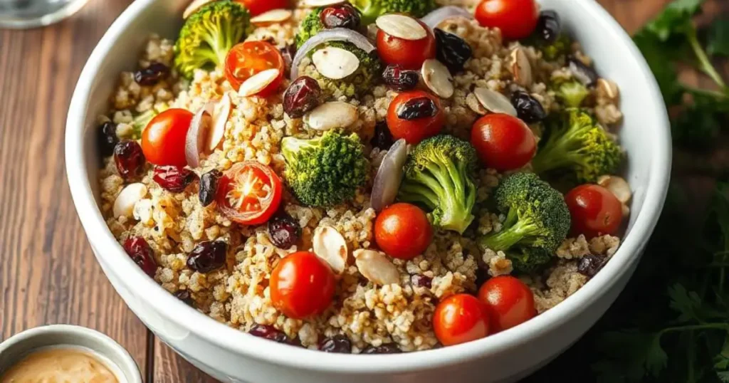 A vibrant bowl of broccoli and quinoa salad with cherry tomatoes, red onion, and toasted almonds, drizzled with a light dressing, served in a white bowl.