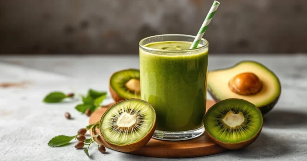 Delicious smoothie avocado and kiwi served in a glass with a straw.