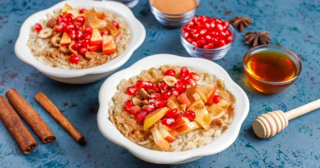 A cozy breakfast scene featuring a bowl of Apple Cinnamon Oatmeal with a spoon and autumn decor