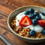 A delicious bowl of granola with yogurt, topped with fresh berries and honey