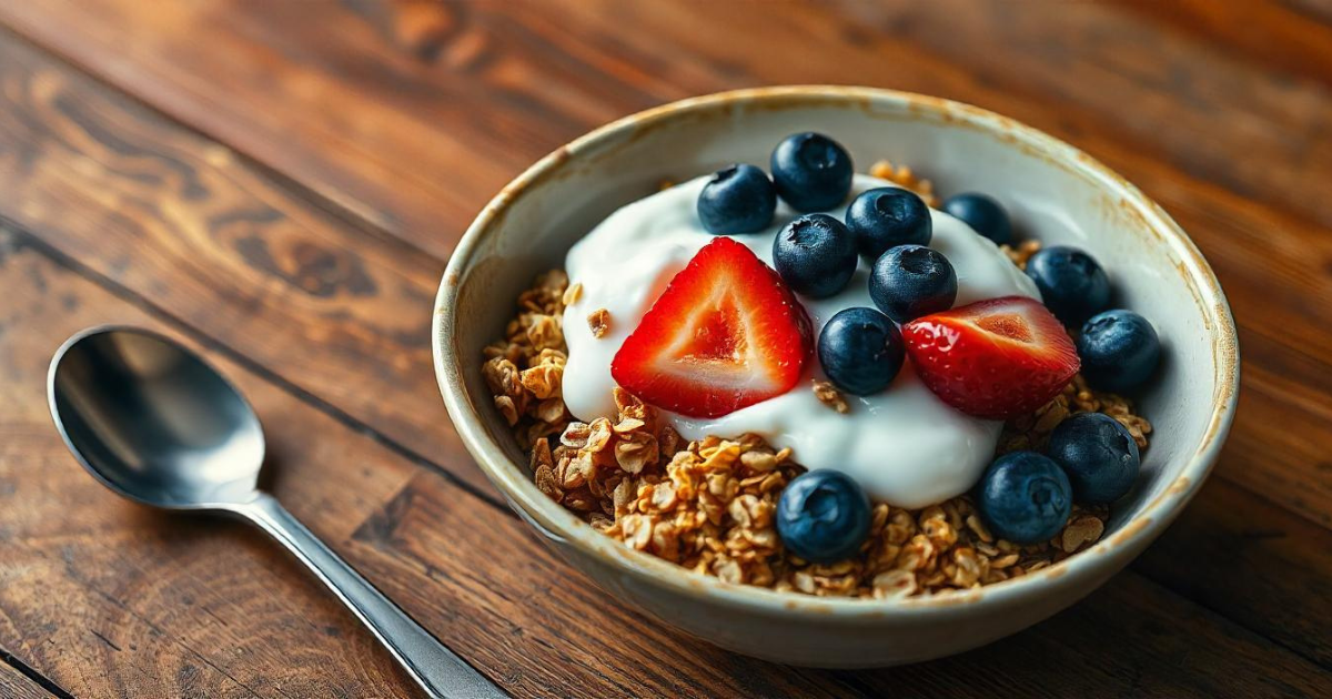 A delicious bowl of granola with yogurt, topped with fresh berries and honey