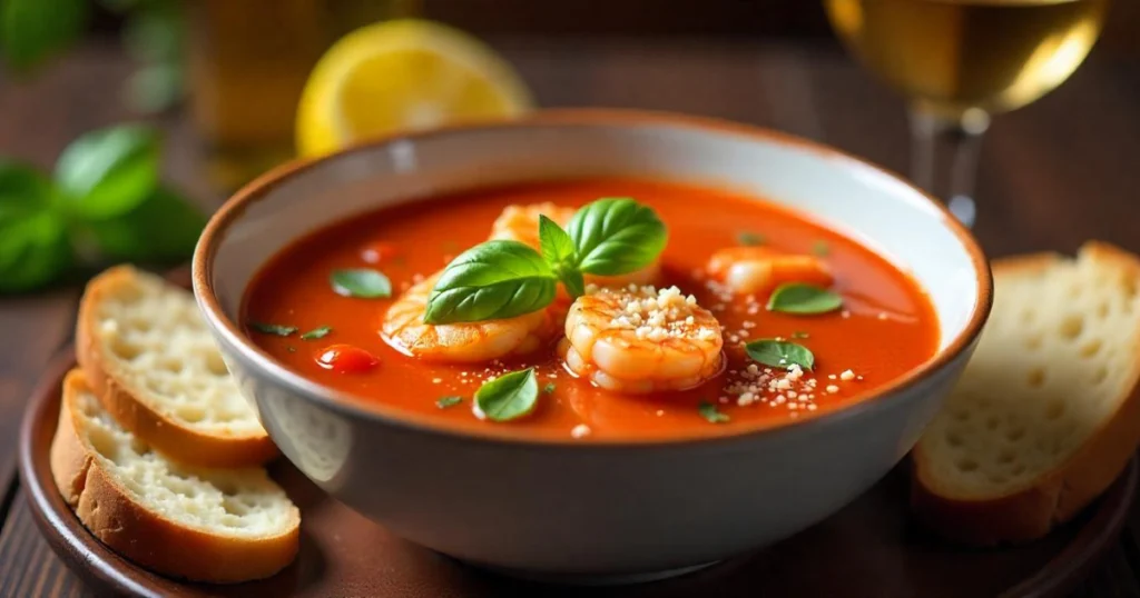 A steaming bowl of Tomato Shrimp Soup with vibrant shrimp, tomatoes, and fresh herbs, garnished with Parmesan cheese and basil, alongside crusty bread and a glass of white wine