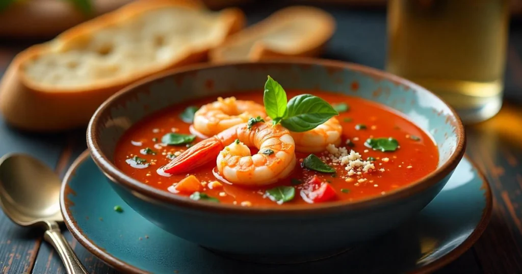 A bowl of Tomato Shrimp Soup garnished with fresh basil and grated Parmesan cheese, served with crusty bread and a glass of white wine