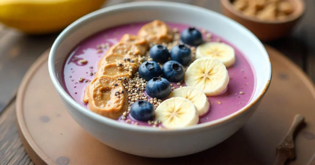 Healthy Smoothie Bowl with Banana and Almond Butter featuring vibrant toppings of blueberries and granola.